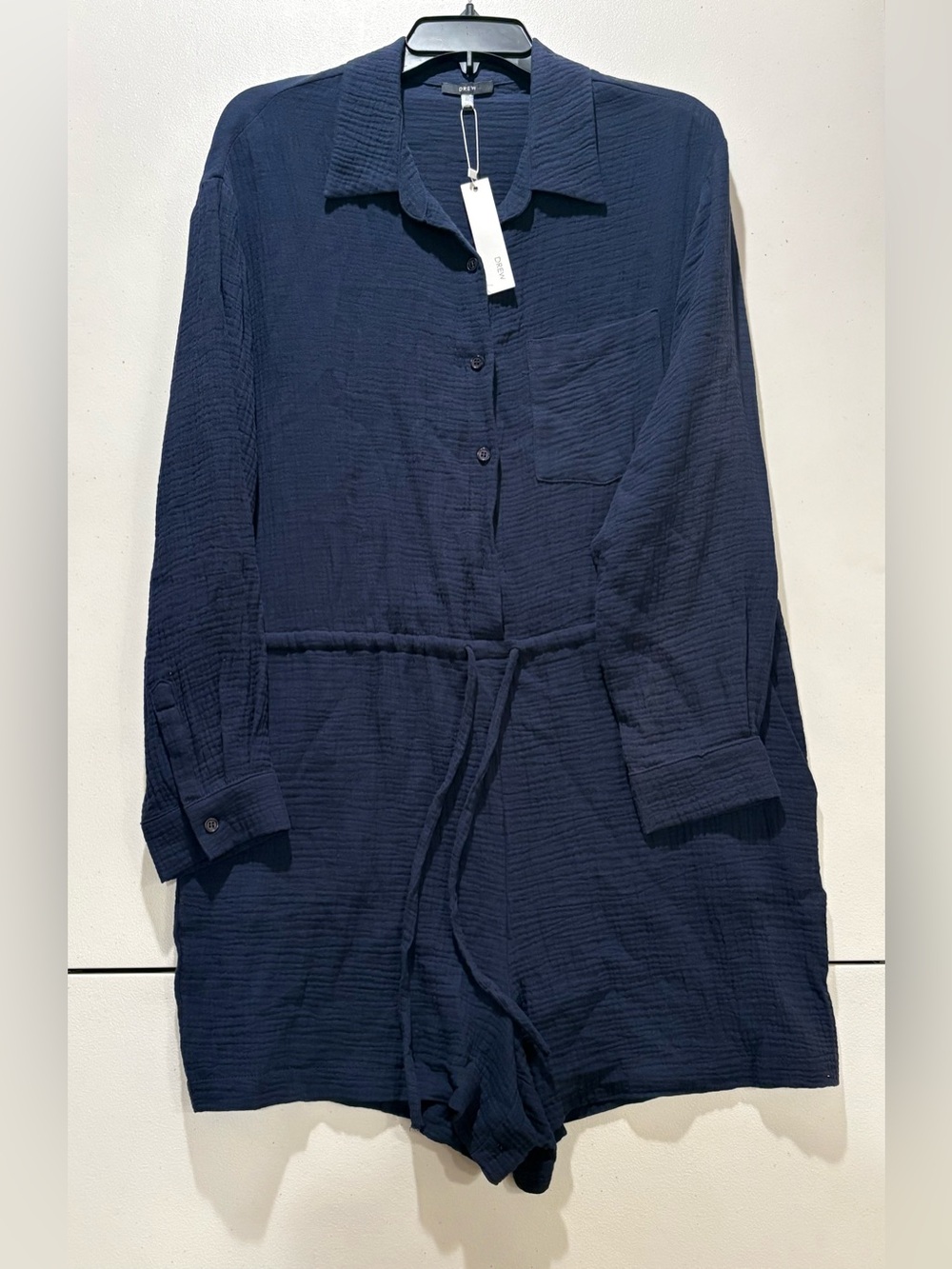 Drew Navy Blue Double Gauze Long-Sleeve Utility Romper - Size Medium